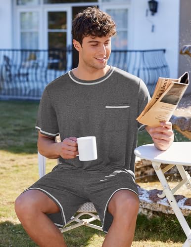 Image of Ekouaer Men's Pajamas Set Casual Short Sleeve Shirts and Shorts Soft 2 Piece Loungewear With Pockets