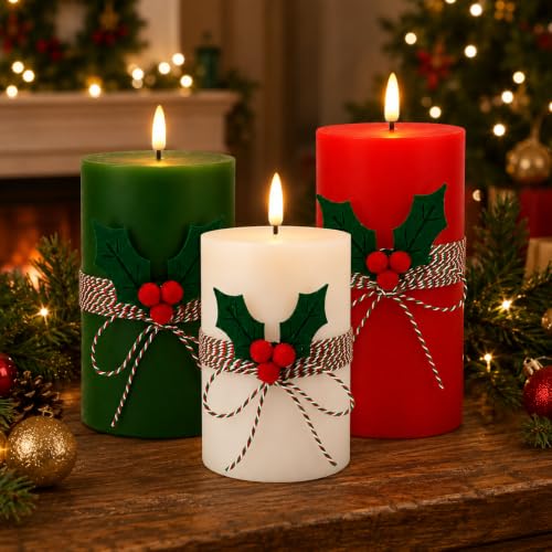 Image of Real Wax Flameless Candles 4 inch 5 inch 6 inch Set of 3 Indoor Outdoor Pillars Battery Operated Flickering Candles 3D Wick with Remote and Timer for Christmas Advent