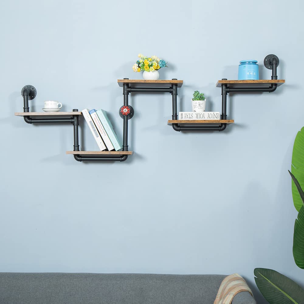 HEONITURE Industrial Pipe Shelving, Pipe Shelves with Wood Planks, Floating Shelves Wall Mounted, Retro Rustic Industrial Shelf for Bar Kitchen Living Room