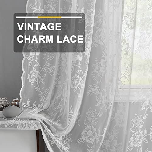 FINECITY 96-Inch White Lace Curtains - Vintage Floral Sheer 2-Panel Set for Living Room Windows (52 x 96 Inch)