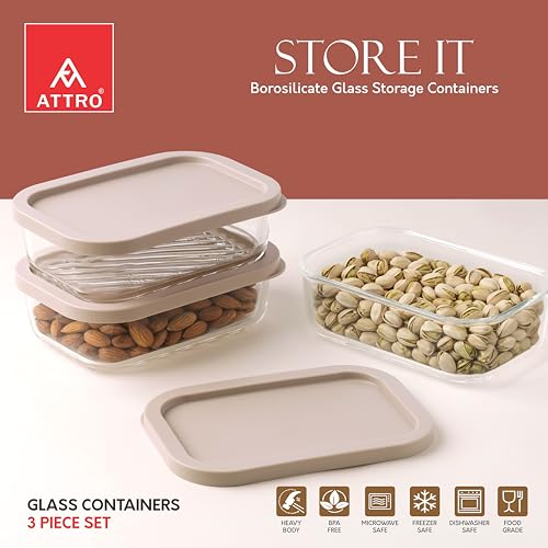 Image of ATTRO Storeit Borosilicate Glass Storage Containers - 520ml, Set of 3, Transparent & Stackable with PE Lids, Microwave, Fridge & Dishwasher Safe, Ideal for Kitchen & Leftovers- Ivory