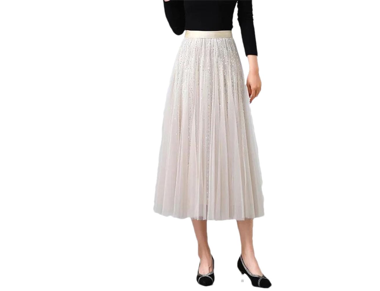 Falda media plisada de malla de hilo para mujer, falda midi acampanada
