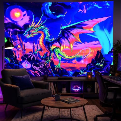 Image of BlissYard Blacklight Tapestry 78x59 Inch Neon Dragon Castle Wall Hanging UV Reactive Glow in the Dark Fantasy Trippy Fire Dragon Tapestry for Bedroom Dorm Gamer Room Psychedelic Wall Art Decor