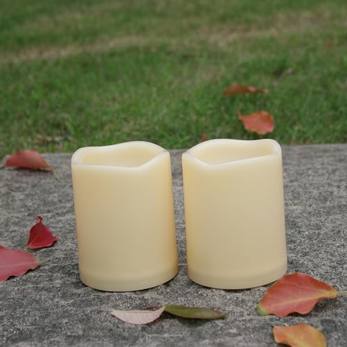 Image of iZAN 2 Pack Outdoor Indoor Flameless Candles with Timer Waterproof Battery Operated Electric LED Pillar Candle Set for Home Garden Decoration Party Wedding Supplies 3 x 4 inch