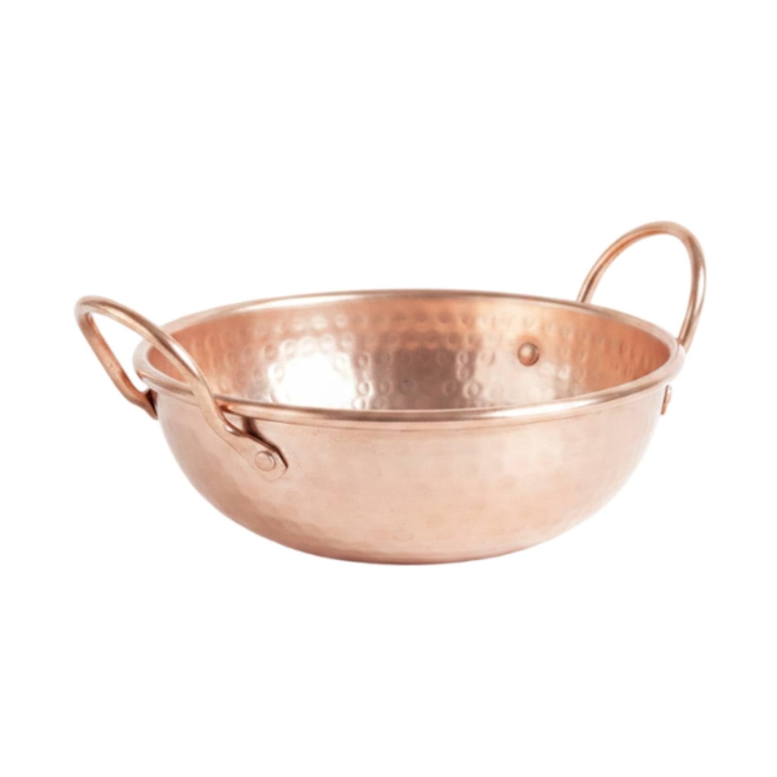 Manual Cazo Cobre Martillado Recipiente Cocina Olla Compacta con Exterior Pulido y Dos Asas para Preparar Cocinar Fideos Servir Platos Individuales en Estufa Hogar, Fondo Redondo, Engrosado