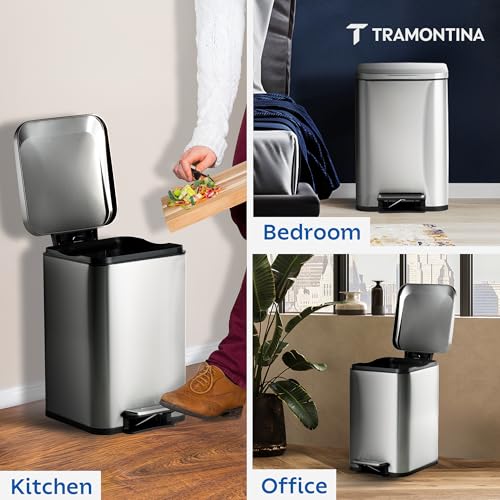 Image of TRAMONTINA 20 Litre Stainless Steel Step Dustbin | Fingerprint-Resistant Finish | Soft-Close Lid | Removable Inner Bucket | Square Trash Can for Home, Office & Hospitality