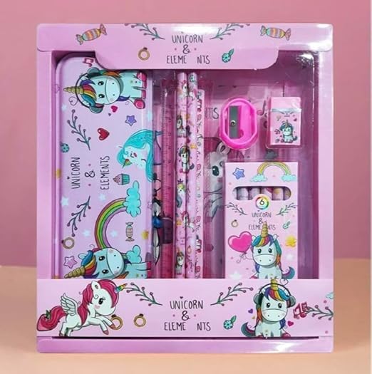 Image of Pack of 6 sets- Unicorn Themed Stationery Set for Kids party I Kit with Pencil box, Pencils, Eraser, Ruler, Sharpener & caryons - Birthday Return Gifts in bulk for Girls 3-10 Years.