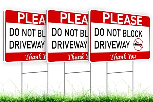 3X Do Not Block Driveway Plastic Signs Double Sided 12x8 inch with Stake - No Parking Private Driveway - No Parking Signs Will Be Towed - No Parking on Gras Sign - Do Not Drive or Park on Grass Sign