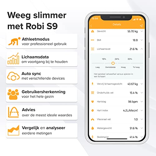 Robi S9 Personenweegschaal - Lichaamsanalyse slimme weegschaal, lichaamsvetmonitor, BMI, spiermassa, vochtpercentage, digitaal gewicht badkamerweegschaal, app-synchronisatie - Afbeelding 5