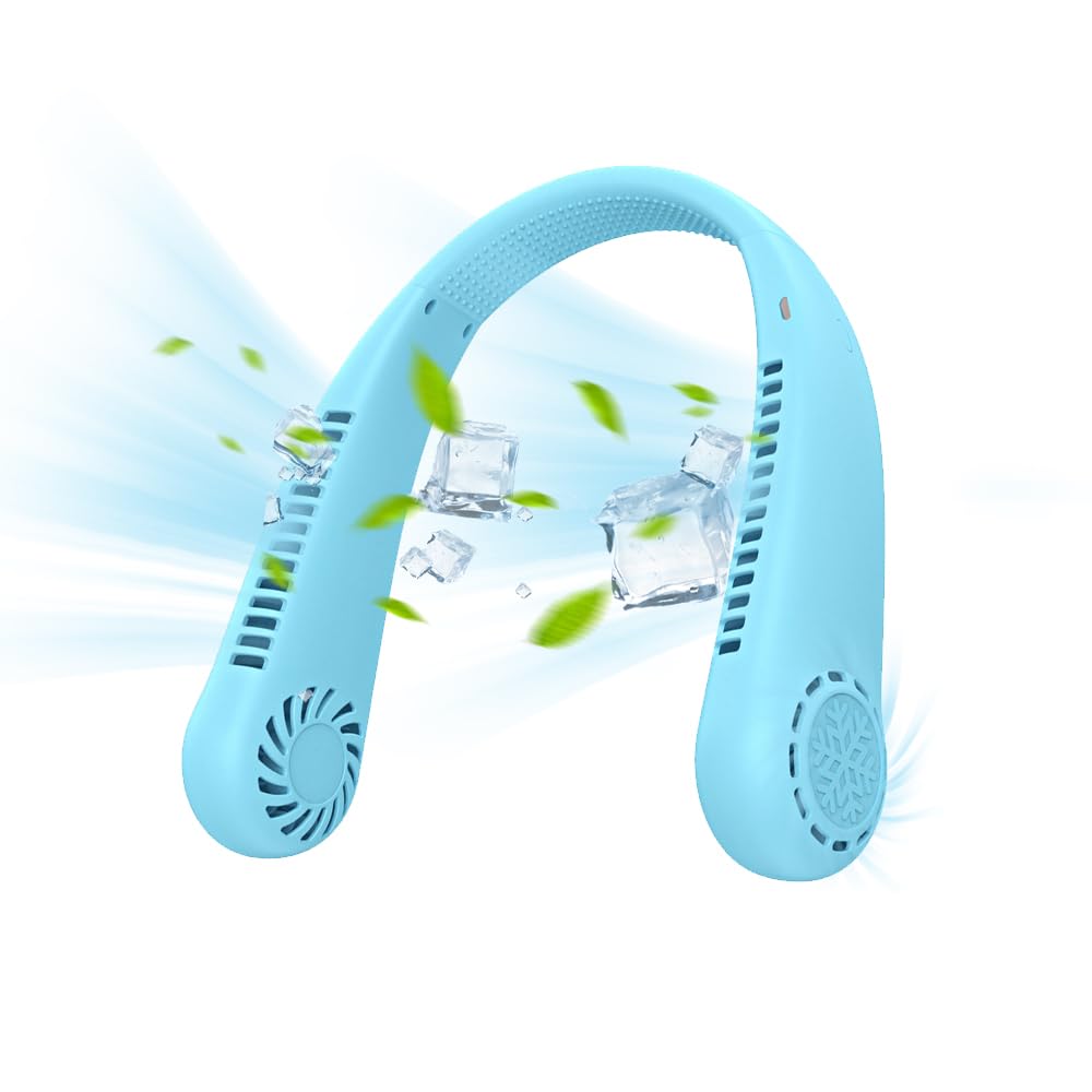 Neck Fan,Portable Neck Fan Rechargeable,Bladeless Necks Cooler Fans Indoor Outdoor Travelling,USB Personal Head- Fan,3 Speeds Adjustable 360° Airflow Hands Free Fans Women Men Kids (Blue)