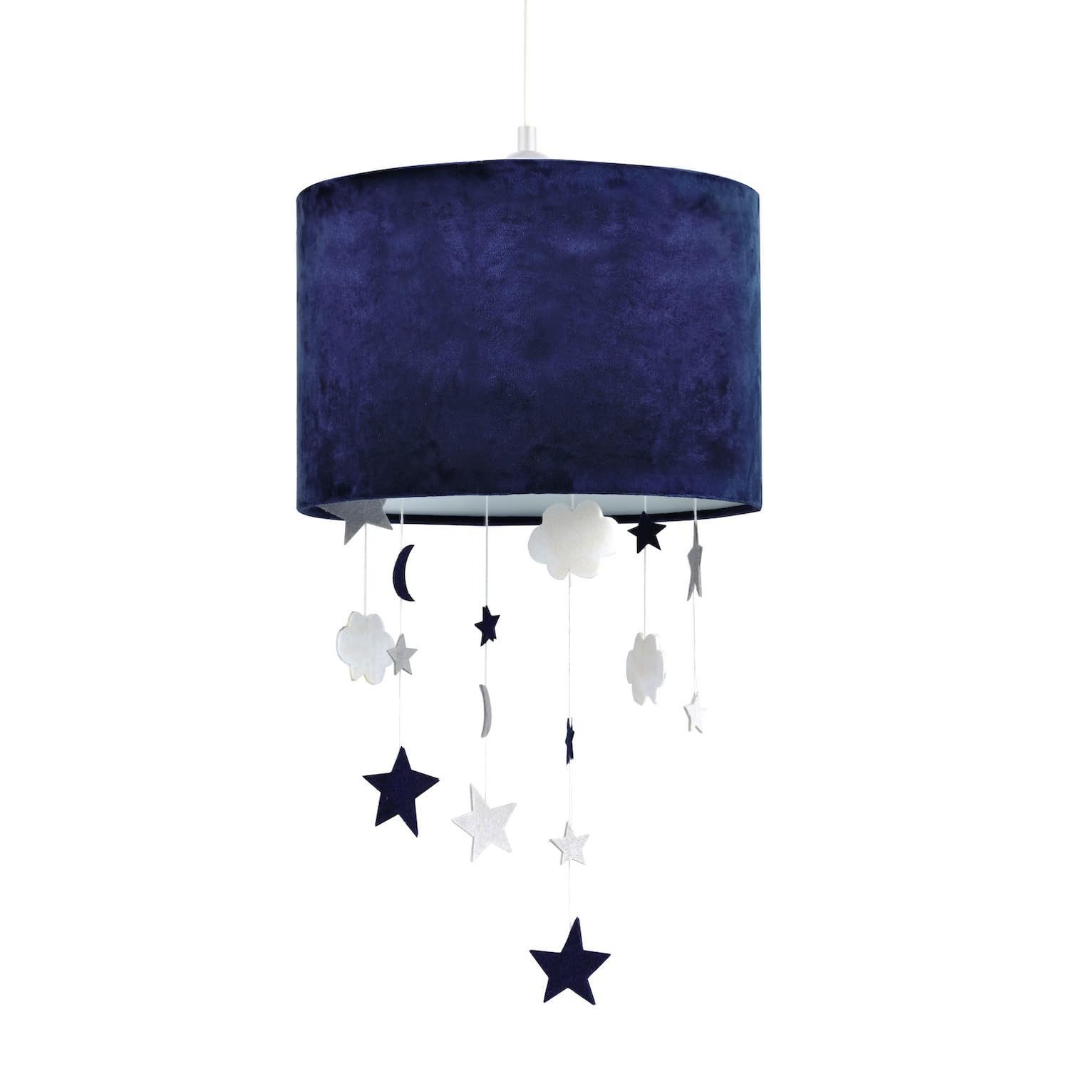 Velvet Pendant Lamp Shade - Midnight Blue - Hanging Felt Stars & Clouds - 20cm Height