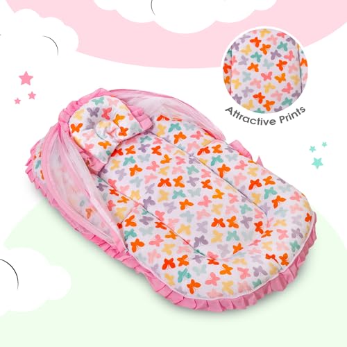 Image of Mee Mee Soft Bed Mattress Set | with Mosquito Net, Neck Pillow & Zip Closure | 100% Cotton Newborn Baby Bedding | with Attractive Butterfly Prints | for 0+ Months