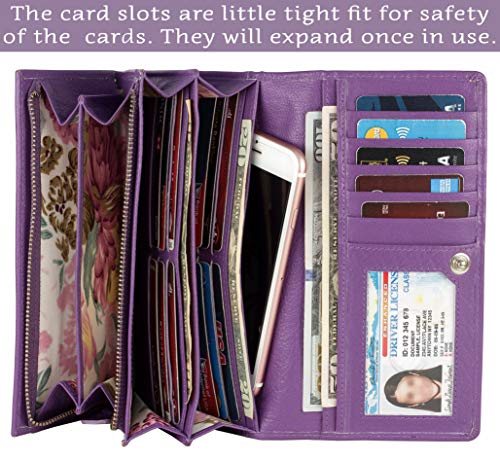 Image of Women's Top Grain Leather Wallet, RFID Blocking Bifold clutch, 17 Card Slots, Zip Pocket Organizer, Elegant Gift for Women - Birthday, Valentine, Anniversary - PURPLE