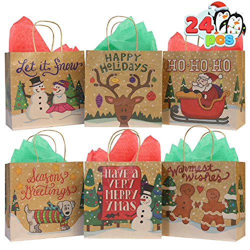 24 Christmas Holiday Kraft Paper Goody Bags with Handles 8.5”x8.5”x4.5” for Xmas Goodie Gift Bag, School Classrooms and Party Favors