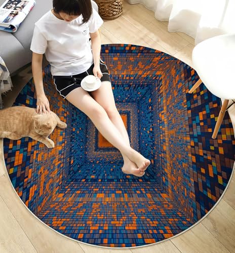 Tapis rond bleu lavable effet 3D illusion d'optique pour chambre - 8