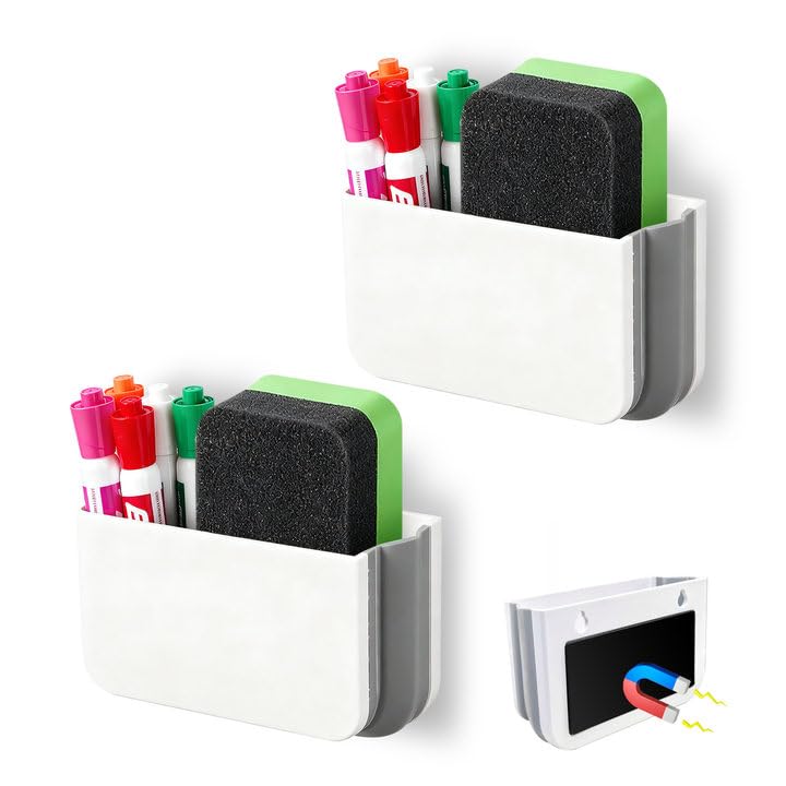 FRETONBA Magnetic Pen Holder Foldable, 2 Pcs Magnetic Marker Holder, Whiteboard Pen Holders Organizer, Magnetics Marker Storage for Fridge, Refrigerator, Locker (White)