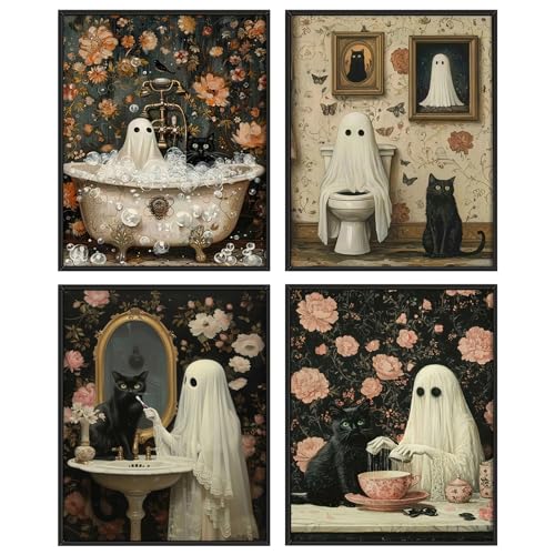 TWNSLLA 4pcs Halloween Ghost Pictures Wall Decor,Vintage Halloween Wall Art Black Cat and Cute Ghosts in Bathroom Wall Decor,Retro Spooky Dark Academia Art Prints for Home Bedroom Decoration,Unframed