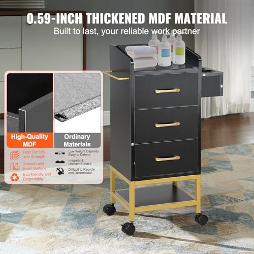 VEVOR Beauty Salon Storage Trolley Cart, Glass Top Hair Salon Station Cabinet for Stylist with Drawer & Dryer Holder, MDF Rolling Hairdressing Salon Cart on 4 Wheels (2 Lockable) for Barber Beauty SPA - Image 6