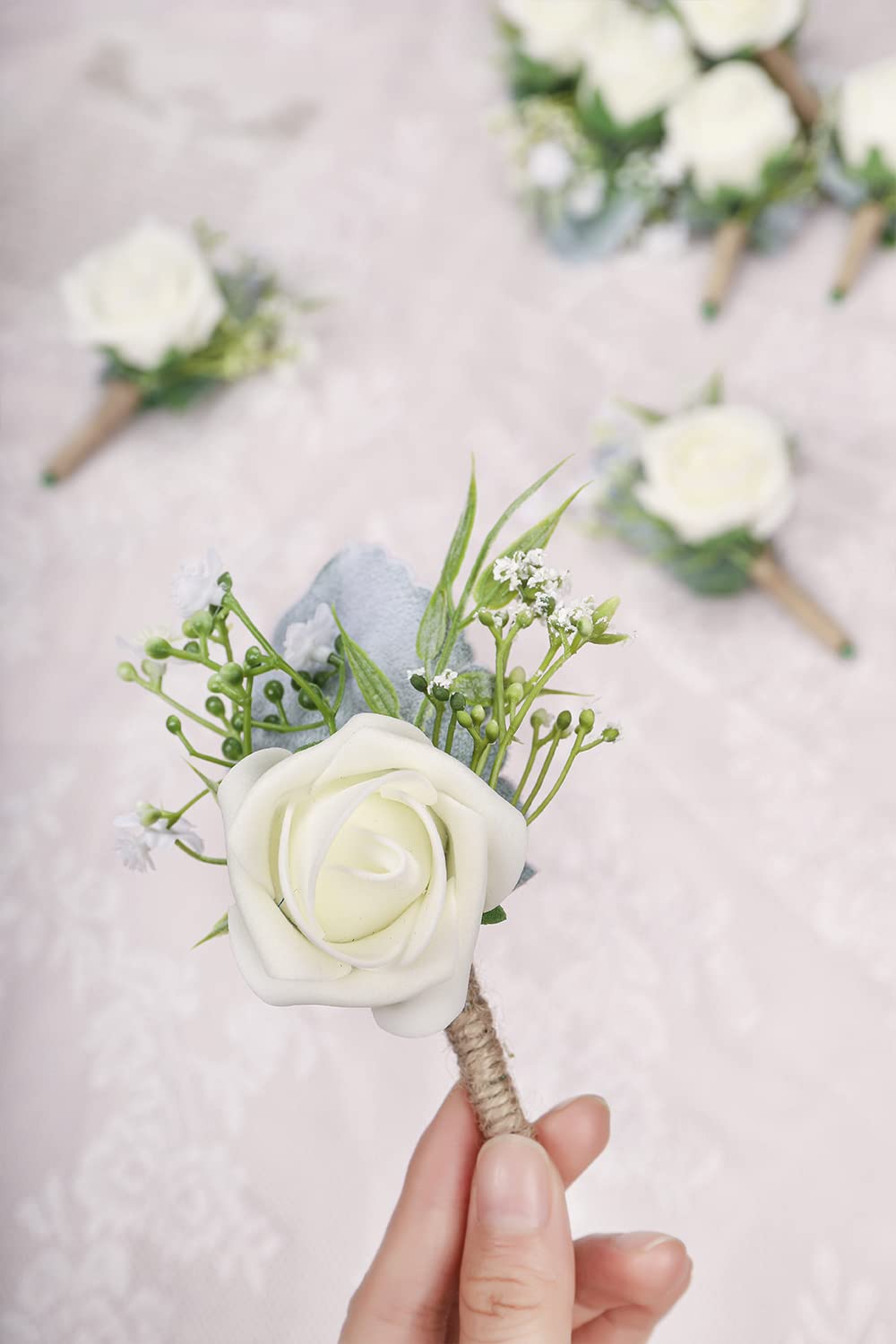 TingeTime 6 Boutonnieres Uomo Rosa Sakura - Fiori All'occhiello Per Matrimonio, Sposo, Testimone. Realizzati A Mano In Schiuma E Seta, Con Spilla. Altezza 16 Cm.