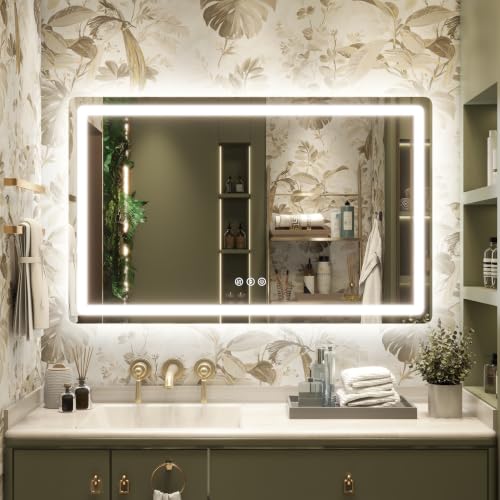 Image of 48 inch x 30 inch Led Bathroom Mirror with Lights, Anti-Fog & Tri-Color Lighting - Wall Mounted Shaving Mirror with Touch Sensor, Waterproof & Smart LED Vanity Mirror,Tempered Glass, Dimmable Smart Mirror