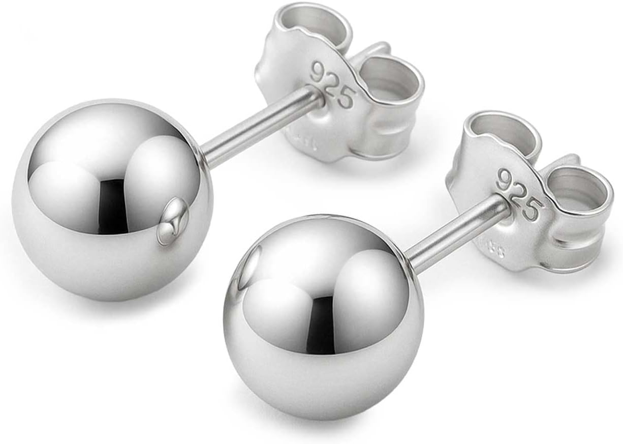 KEZEF Sterling Silver Ball Stud Earrings Hypoallergenic Earrings for Women | Available in Sterling Silver, Rose Gold, or 14K Gold Plated Silver (2mm-10mm)
