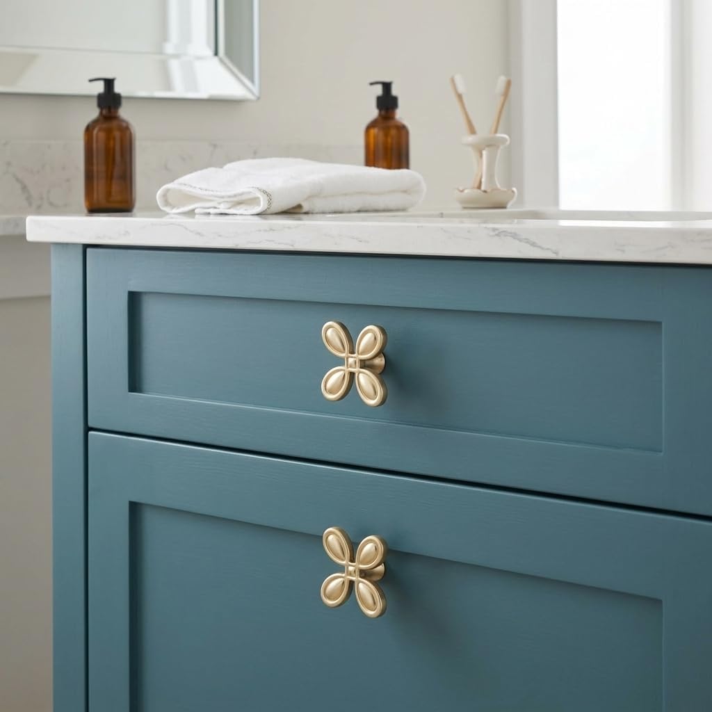 Antique Cabinet Knobs 6 Pack, Clover Cute Brushed Gold Dresser Knobs, Decorative Drawer Hardware for Vanity, Nightstands, Kitchen, Furniture Refinishing, Includes 25mm & 45mm Screws