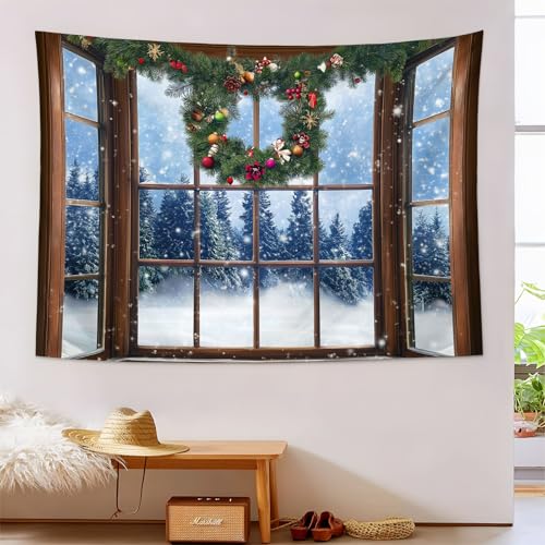 Tapiz de Navidad MULERN con diseño de ventanal y corona para pared 2