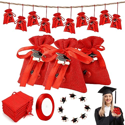 30Pz Bomboniere Portaconfetti con 30 Ciondoli Laurea, Sacchetti Rosso, 50 Coccinella e Nastro, per Bomboniere Confetti Decorazione Laurea Cerimonia