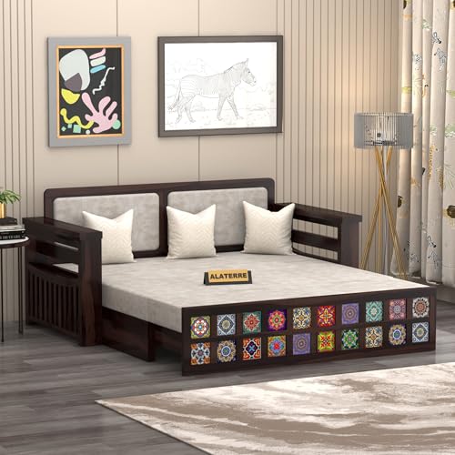 Image of Solid Sheesham Wood Sofa Cums Bed with Cushioned Seating & Handcrafted Tile Storage Front | Rosewood Convertible Sofa Bed for Living Room & Bedroom (Walnut Finish)