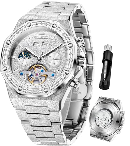 OLEVS Automatic Men's Watch Skeleton Luxury Self-Winding Diamond Silver Stainless