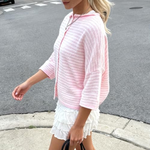 Image of Women Knitted Crop Cardigan Shirt Short Sleeve Button Down Ribbed Knit Crop Top Y2k Girls Outwear Top Tee Shirt