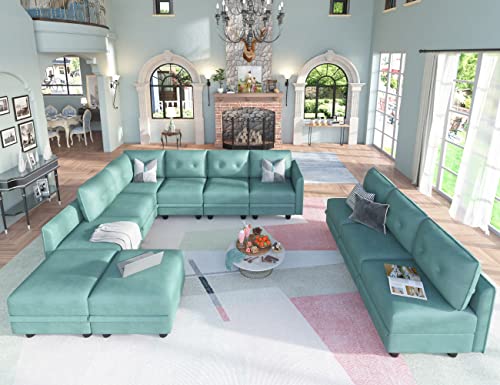 Llappuil Oversized Modular Sectional U Shaped Sofa With Storage, Large Faux Leather Fabric Waterproof 11 Seater Sectional Couch With Chaise, Aqua Blue #TOP2