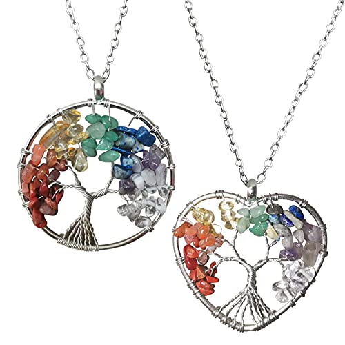 Crystalsland 2 PCS Tree of Life Pendant Handmade Healing Crystals and Stones Necklace Amethyst Rose Crystal Gemstone Chakra Jewelry