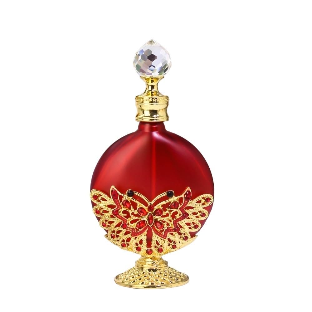 Botella de aceite esencial HUFFA estilo exótico con relieve de mariposa y flores esmaltadas en rojo