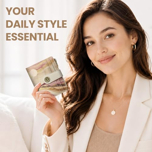Image of Small Wallet for Women, RFID Blocking Bifold Card Holder Wallet with 10 Card Slots, Cash Compartment, Zipper Coin Pocket & ID Window, Cute Soft Vegan Leather Compact Wallet, Landscape