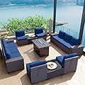 Kullavik 13 Pieces Outdoor Patio Furniture Set with 43" 55000BTU Gas Propane Fire Pit Table PE Wicker Rattan Sectional Sofa Patio Conversation Sets,Navy Blue