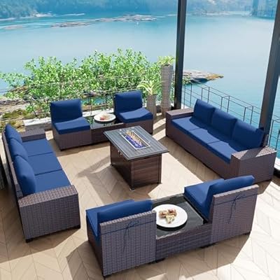 Kullavik 13 Pieces Outdoor Patio Furniture Set with 43" 55000BTU Gas Propane Fire Pit Table PE Wicker Rattan Sectional Sofa Patio Conversation Sets,Navy Blue