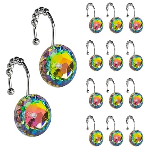 Sunlit Luxury Design Glitter Round Colorful Diamond Crystal Gem Bling with Glide Balls Shower Curtain Hooks, Rust Proof Metal Rhinestones Glam Shower Curtain Rings-12 Pack Cover