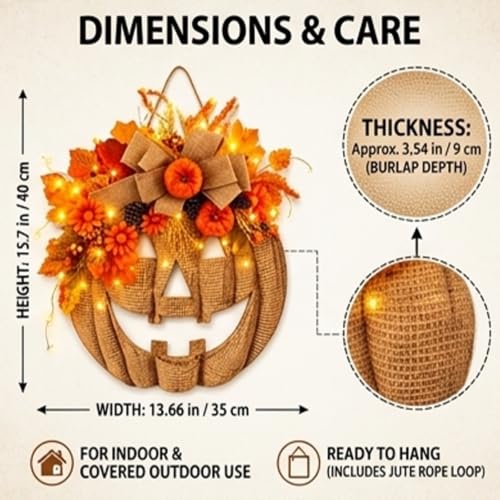 Corona de calabaza de arpillera con luces LED ajustables a control remoto 7