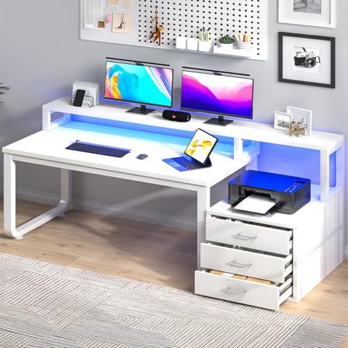 Image of MaverickFurni 67 inch White Desk with 3 Drawers and LED Lights, Reversible Computer Desk with Moniter Stand and Printer Shelf, Home Office Desk with Storage for Work Writing Study, White