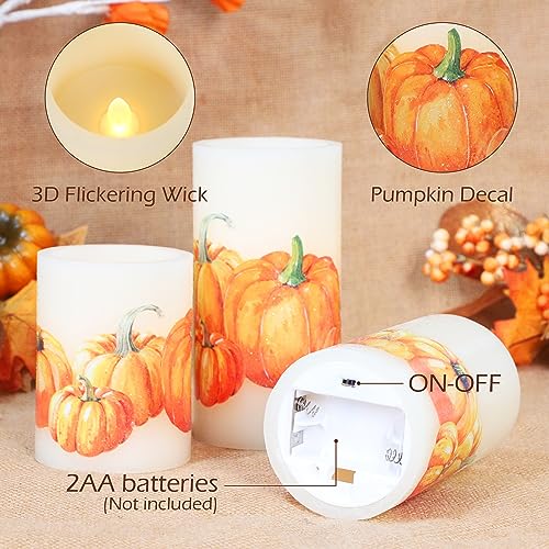 Image of Fall Flameless Candles with Remote, Set of 3 Pumpkin Design LED Candles with Timer and Dimmer Function, Home Party Wedding Autumn Thanksgiving Day Decor