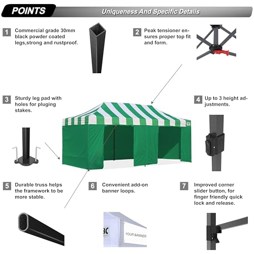 Image of ABCCANOPY Heavy Duty Easy Pop up Canopy Tent with Sidewalls 10x20,Strip Green