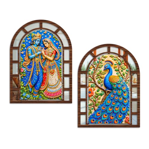 Image of Artvibes Radha Krishna & Peacock Theme Wall Hanging Decor | Decorative Wall Jharokha Mirror for Living Room, Bedroom, Hall, Prayer Room, Dining Area & Lobby | Gift (WH 12008N), Set of 2