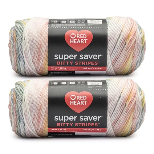 Red Heart Super Saver Bitty Stripes Rainbow Mist Yarn - 2 Pack of 10oz/283g - 100% Acrylic - #4 Worsted (Medium) - 515 Yards - Knitting/Crochet