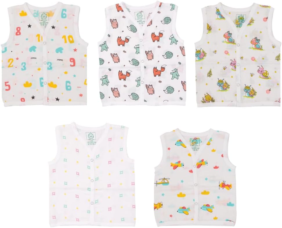 A toddler thing - Organic Cotton Muslin Button Jabla|Assorted Pack Of 5|Stylish & Comfortable Jabala|For Boys & Girls|Sleeveless Regular Fit Vest|Baby Products