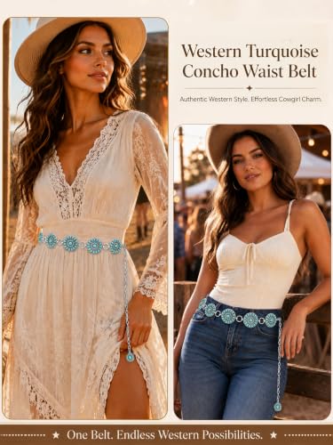 Image of Turquoise Chain Belt for Women, Western Cowgirl Concho Belt | Turquoise Concho Accents with Silver Chains for Western, Cowgirl, Rodeo, Festival and Denim Looks