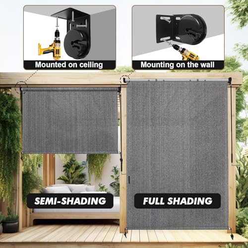 Image of Artpuch Patio Shades Roll Up Outdoor Roller Shade with Spliced Design, 8' W x 8' H Cordless Outside Blinds Cloth for Porch Pergola Gazebo, Grey
