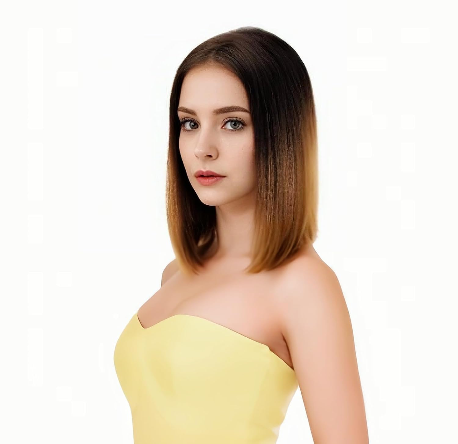 Matte Finish Short Bob Wigs for Women, Girls Brown Ombre Blonde Synthetic Straight With Middle Part-image-40