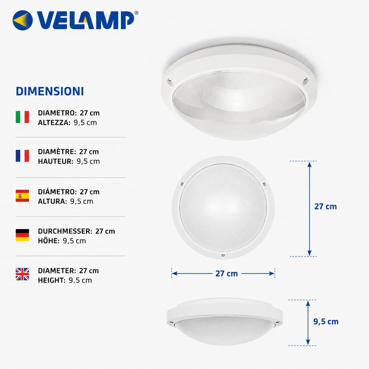 Velamp PTLEDIK-E27 Applique a Parete/plafoniera Tonda 27cm. in PC infrangibile IK10. Attacco E27, Compatibile LED, Max 60W. IP54: installabile all'Interno o all'Esterno. 60 W, Grigio