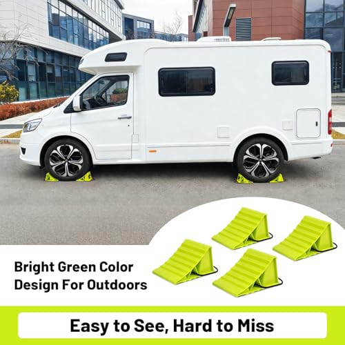 Image of ROBLOCK 4 Pairs Wheel Chocks for Travel Trailers, Non Slip Base Heavy Duty Green Camper Wheel Chockwith Rope, Lightweight Wheel Stoppers for Cars, Camper Trucks, RVs, Easy to Carry, Green